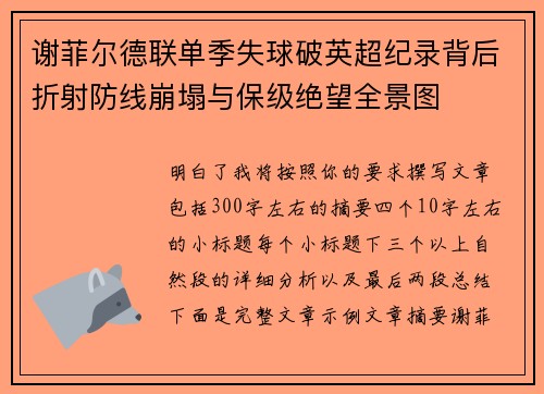 谢菲尔德联单季失球破英超纪录背后折射防线崩塌与保级绝望全景图 谢菲尔德联单季失球破英超纪录背后折射防线崩塌与保级绝望全景图