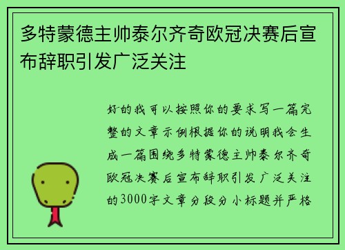 多特蒙德主帅泰尔齐奇欧冠决赛后宣布辞职引发广泛关注