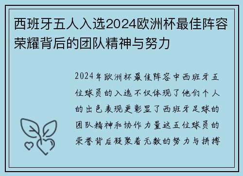 西班牙五人入选2024欧洲杯最佳阵容荣耀背后的团队精神与努力